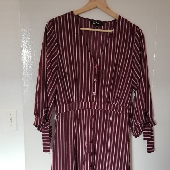 Lulu's Parisa Burgundy Stripe Button-Front Dress - Picture 6 of 11